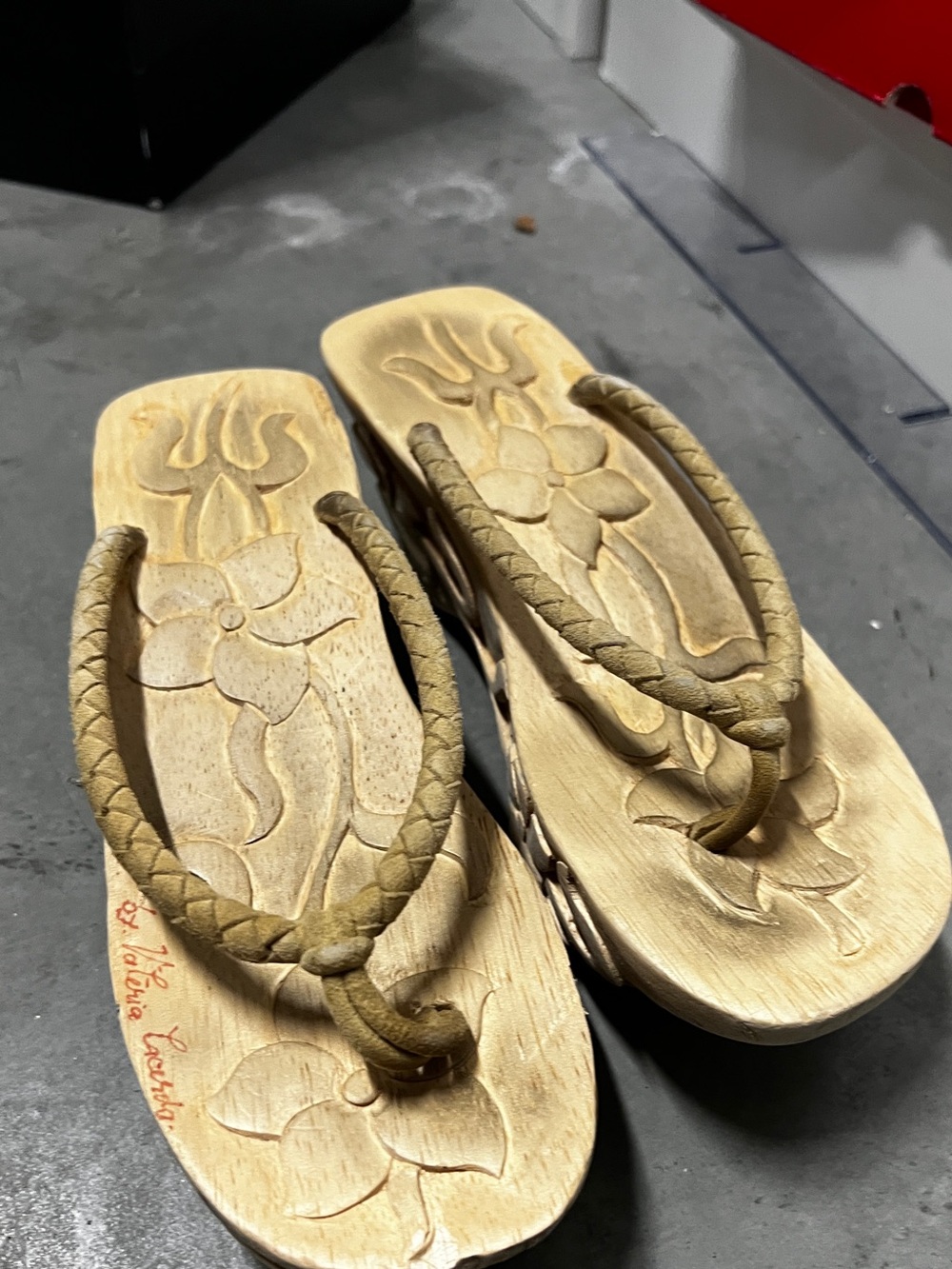 Hand signed, vintage Floral Carved Wooden Geta Sandals - Women by